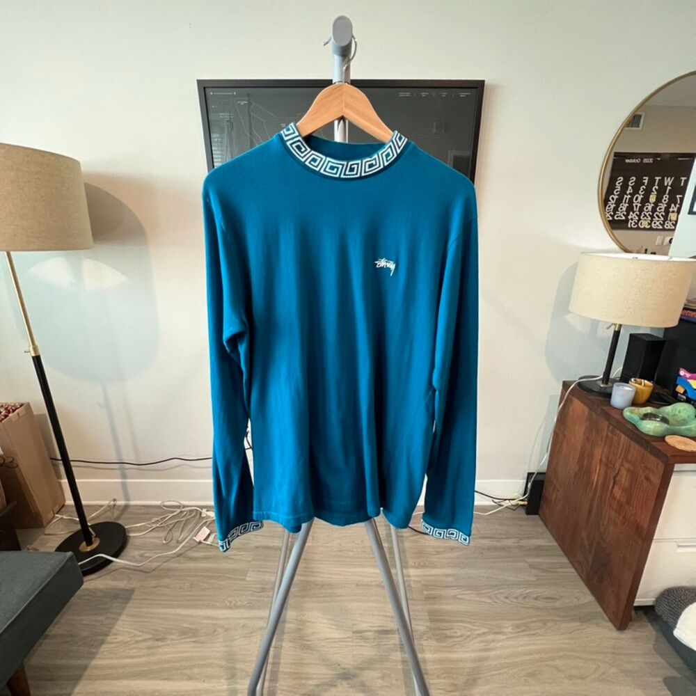 Stussy - LS Crewneck Tee with Greek Key Trim Collar (#114899) - Teal